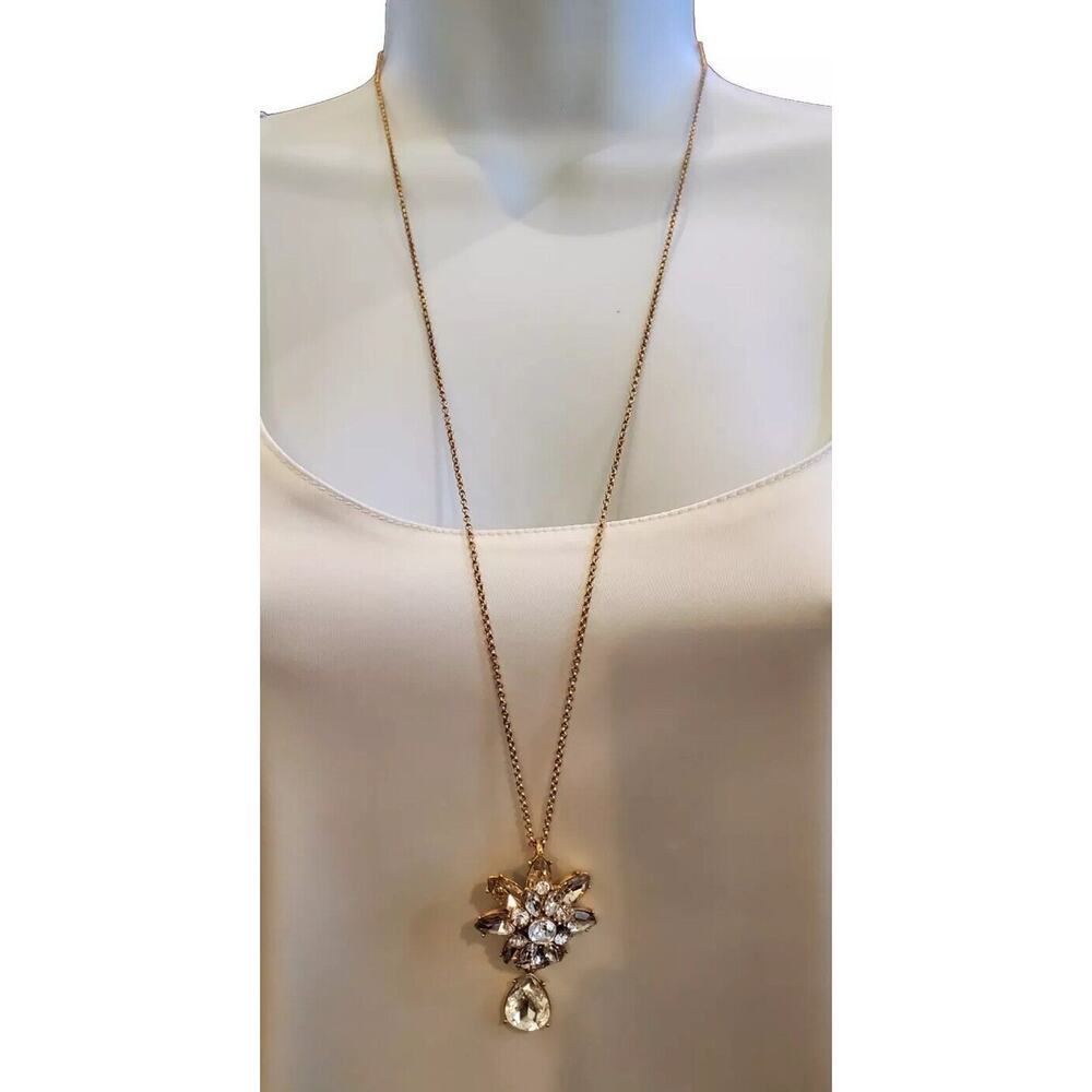 J. Crew Crystal Flower/Floral Pendant Necklace 30"-32" ~ Signed Jewelry